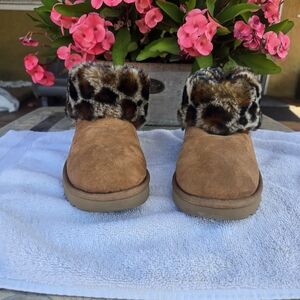 UGG Chestnut Suede Slippers with Leopard Faux-Fur Cuff